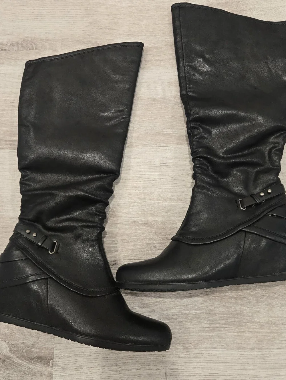 NEW Bare Traps Black Wedge Heel Knee Boots Sz 8 M Tesa Lined Comfort Womens
